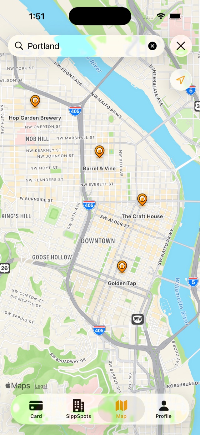 Sipply app map showing nearby SippSpots
